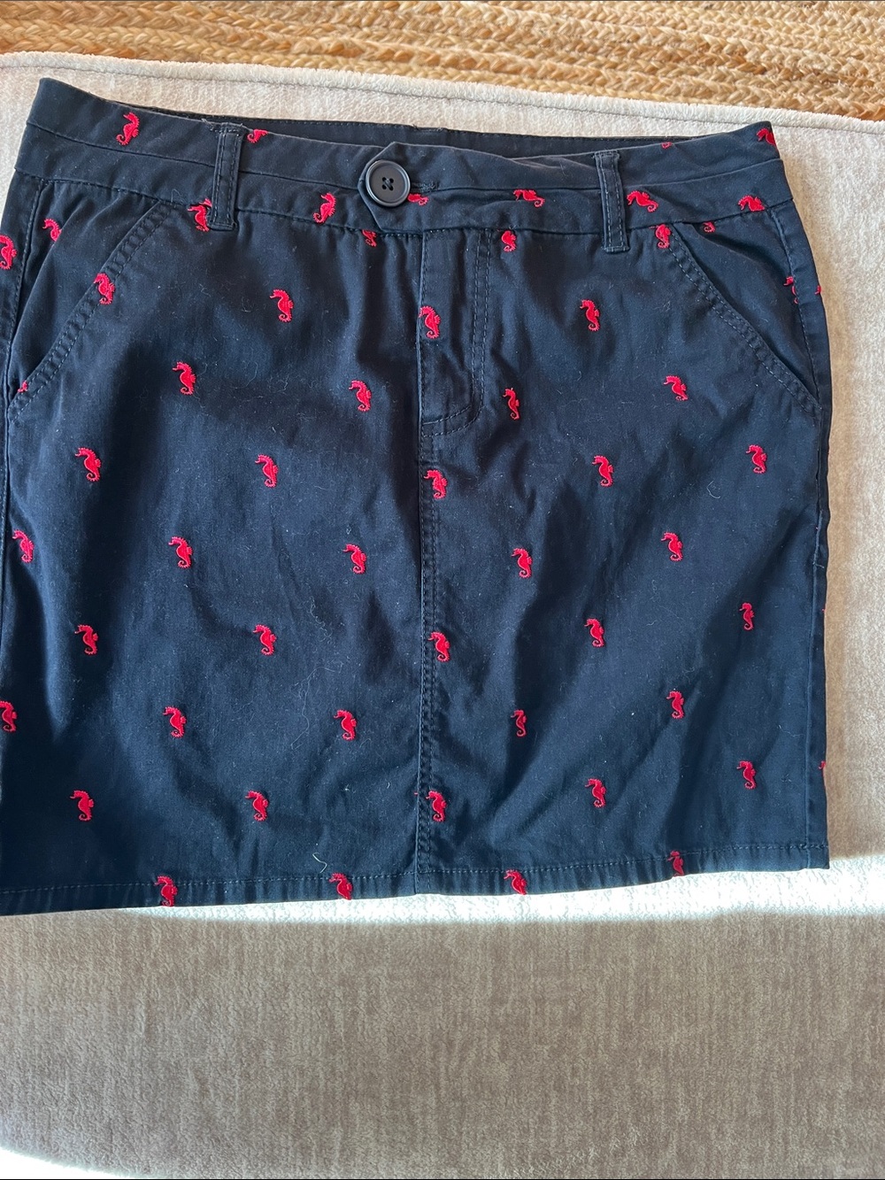 British Khaki Navy Mini Skirt with Red Seahorse Embroidery